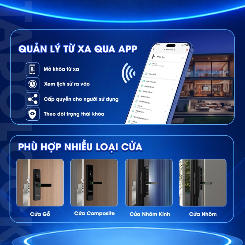 Khoá thông minh cửa nhôm cao cấp TDL 33 21 phu hop nhieu loai cua